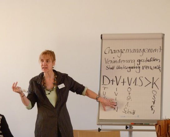 Eine Frau steht vor einem Flip-Chart und hält einen Vortrag.